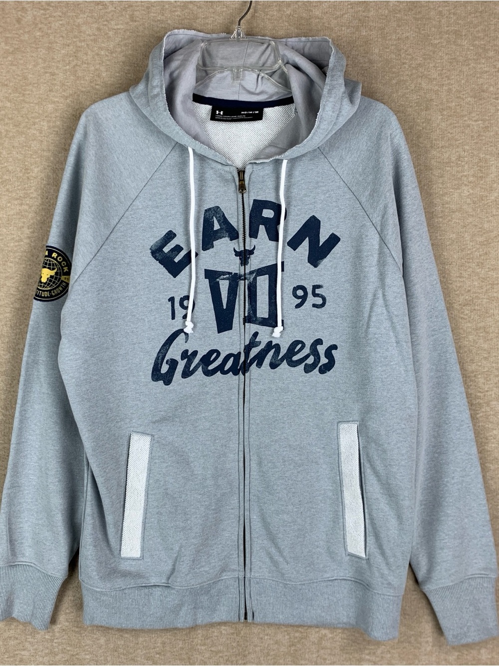 Under Armour Project Rock Hoodie Mens M Gray Zip Sweater Sweat Shirt Loose Gym